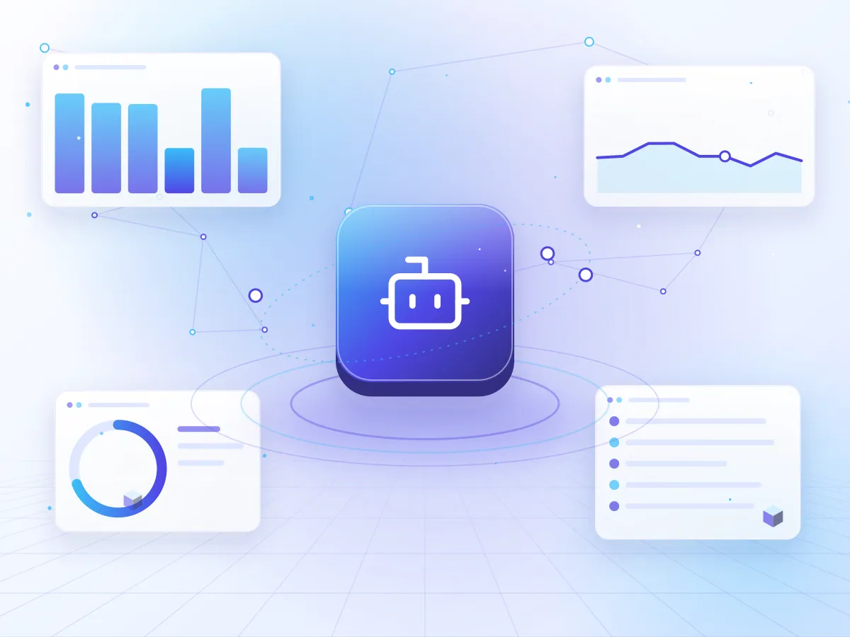 Illustration of an AI agent coordinating connected task cards and tools