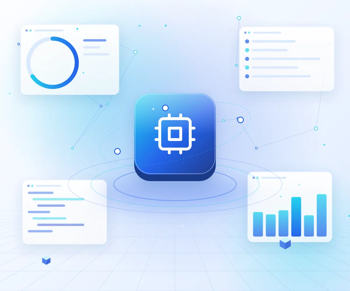 Illustration of a translucent blue AI processor chip resting on a grid of glass cubes