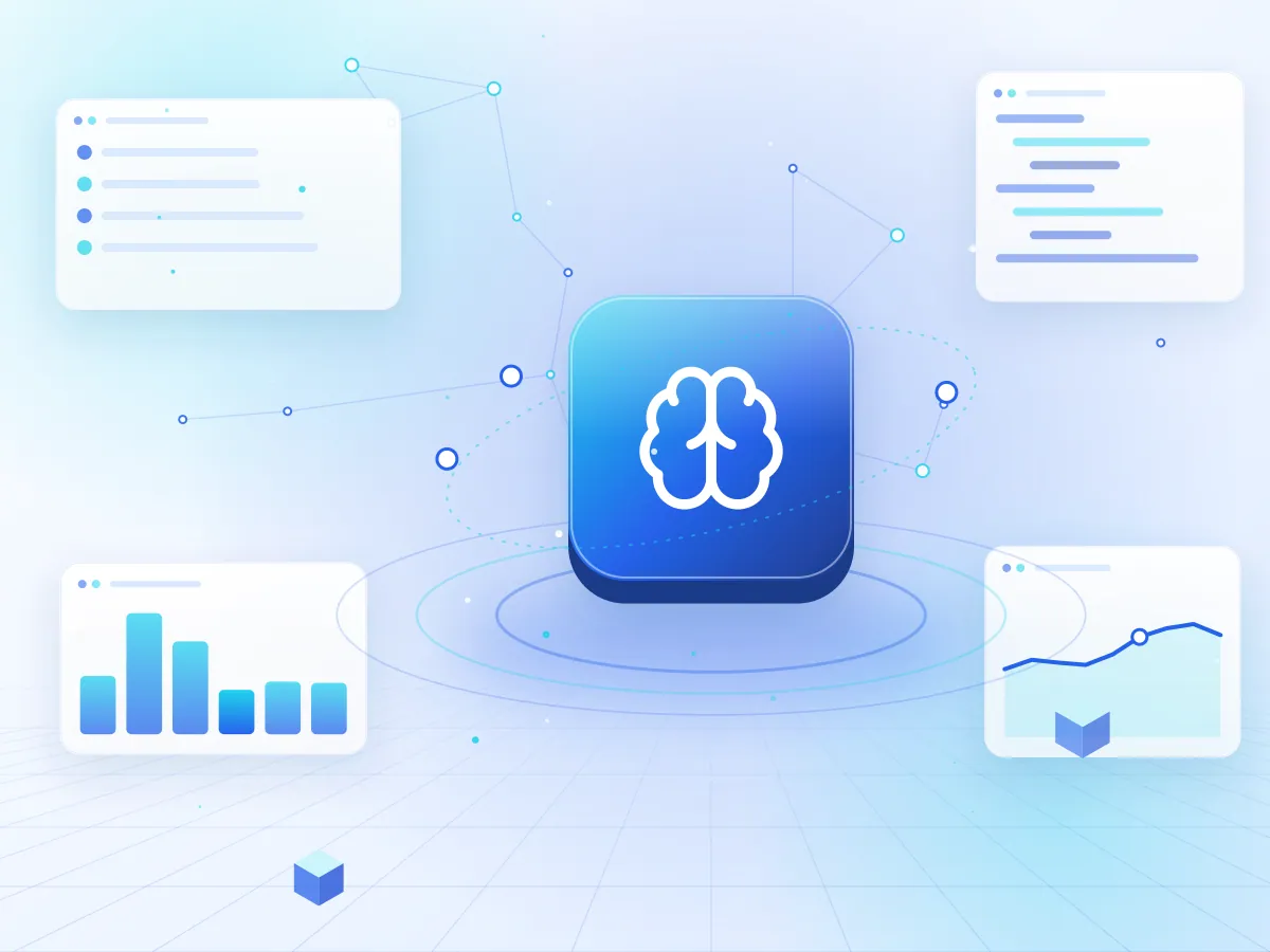 Illustration of an AI neural network hub connecting data, documents and workflow panels
