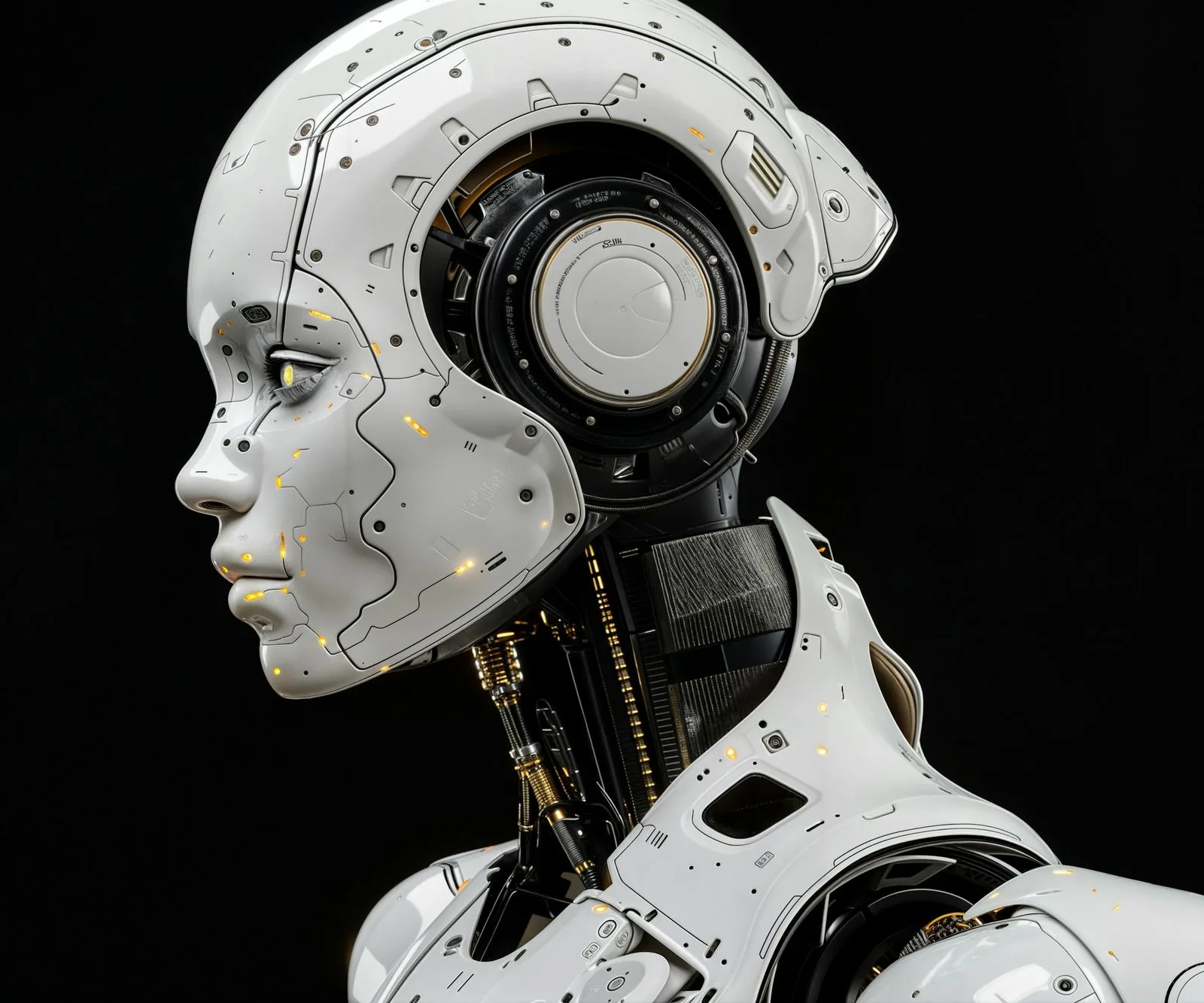 White humanoid AI robot in profile with glowing circuitry