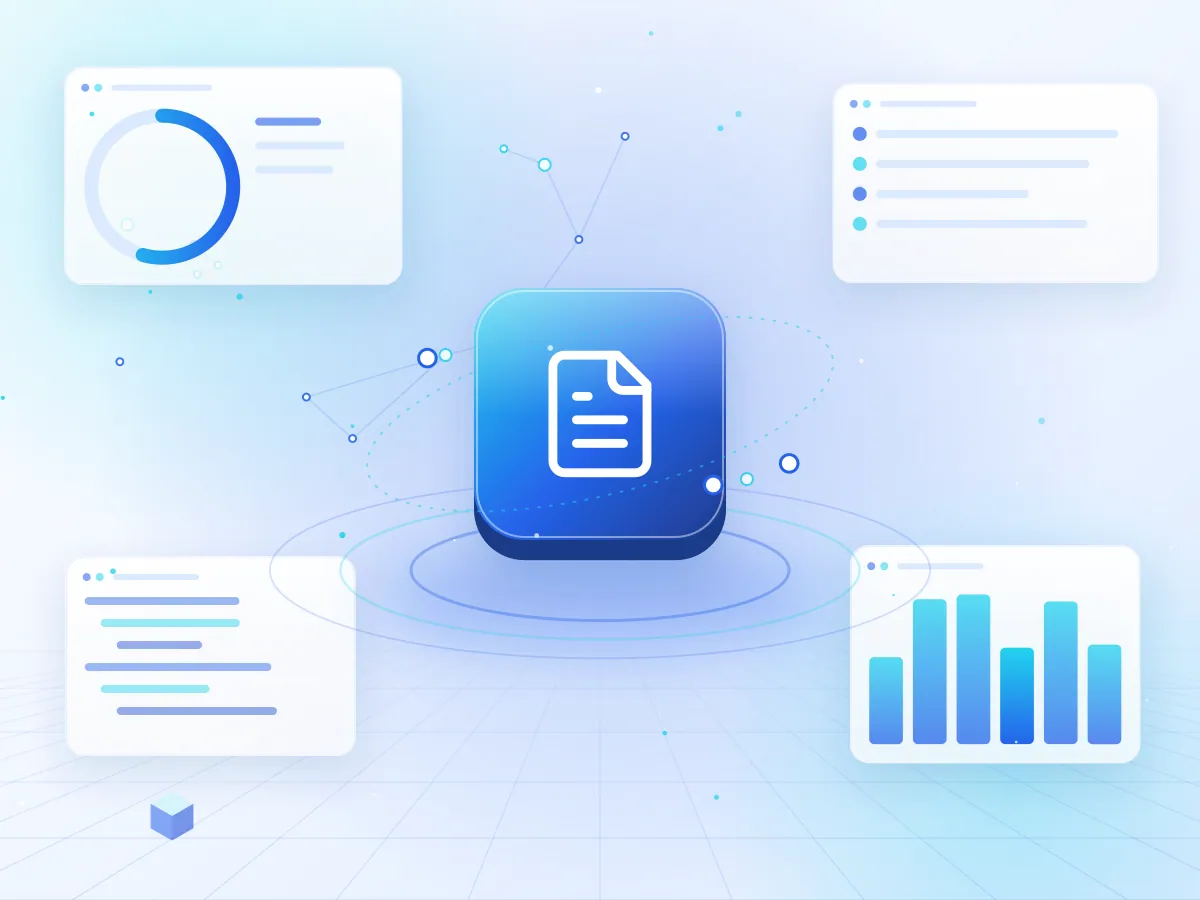 Illustration of editorial article cards on a light background