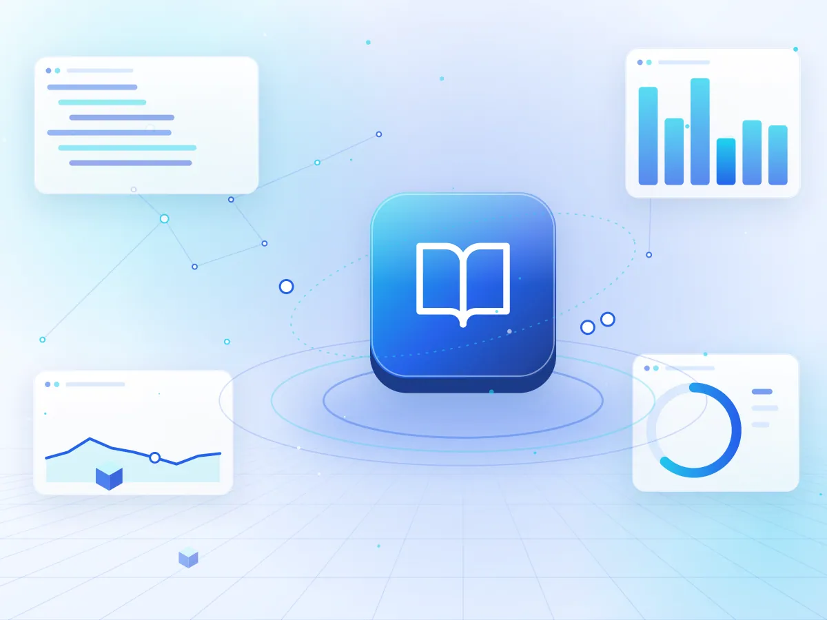 Illustration of articles, guides and reports arranged on a digital shelf