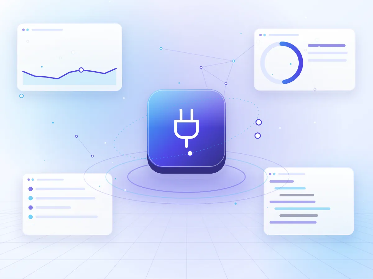 Illustration of connected systems exchanging data through API connectors