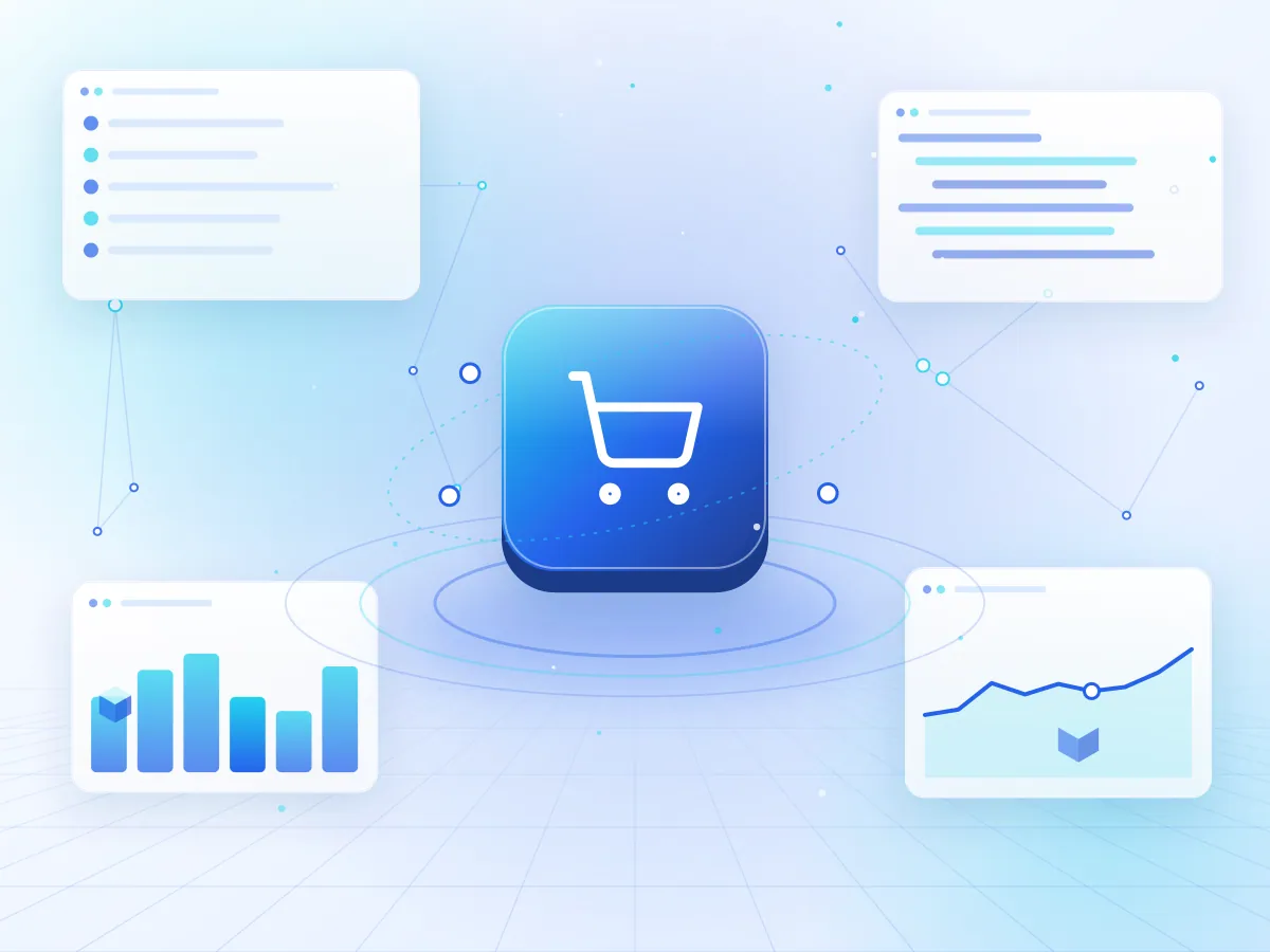 Illustration of an online storefront with product cards and checkout panel