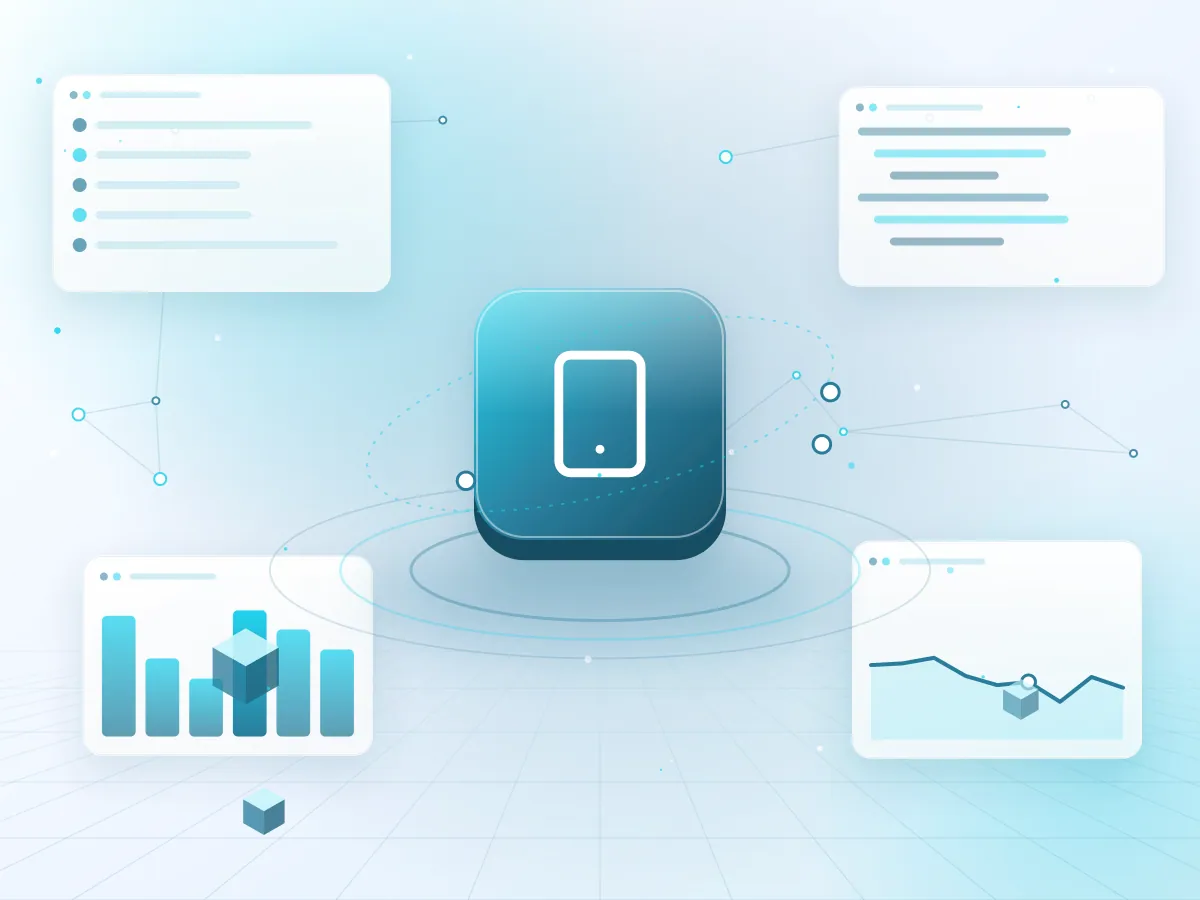 Illustration of mobile app screens fanned out above a smartphone