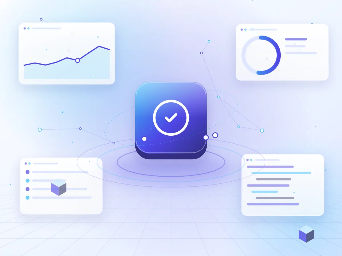 Illustration of automated test results with passing checks across application screens
