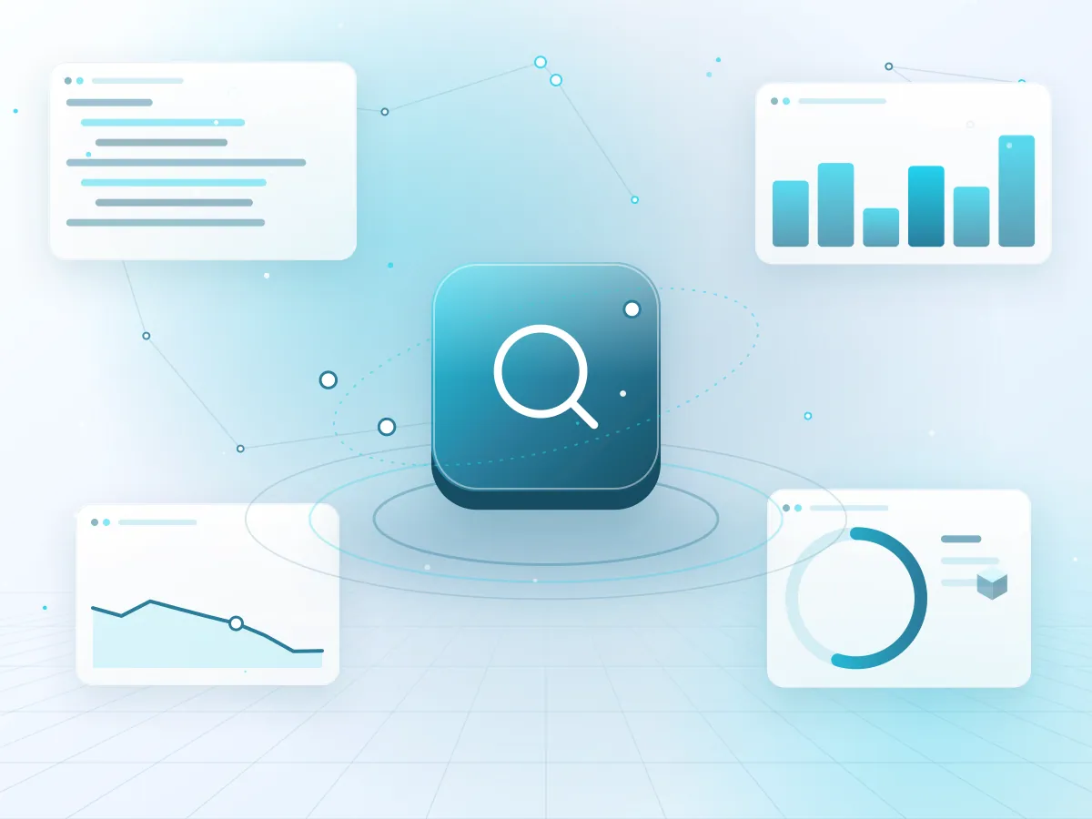 Illustration of a unified search bar retrieving results from many systems